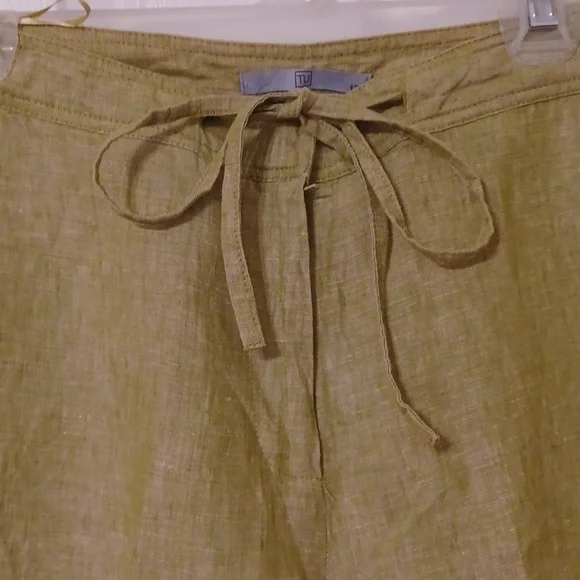 TU sz 12, 100% Linen drawstring wide leg pants in a muted basil green. - Picture 3 of 10